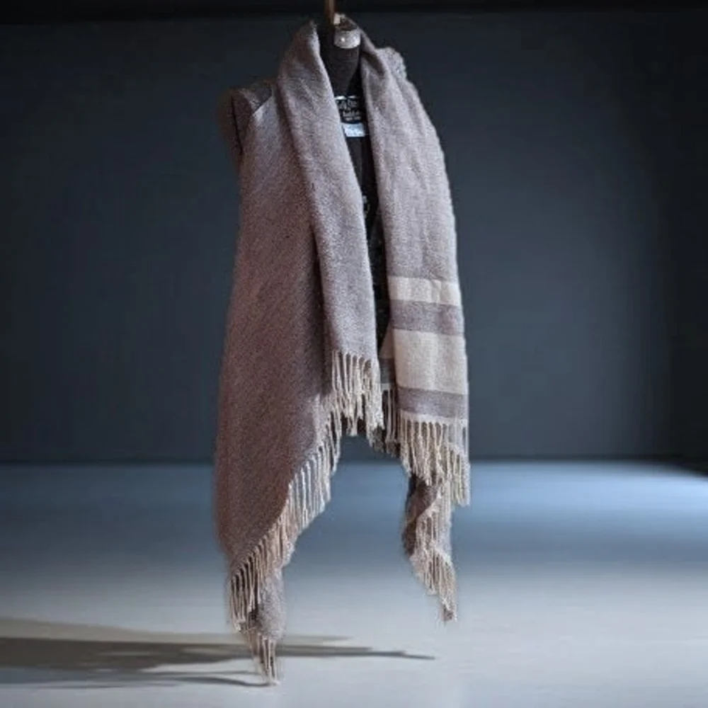 A.N.D. Gray and Cream Four-way Fringed Shawl /Gilet /Wrap /Scarf